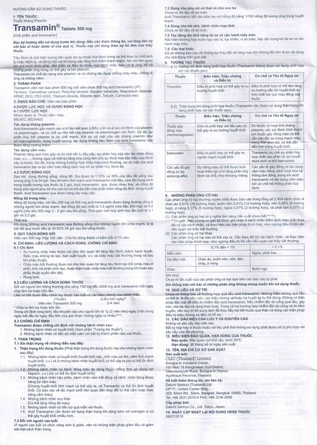 Thuốc Transamin Tab.500mg Daiichi điều trị bệnh bạch huyết, thiếu máu không tái tạo (10 vỉ x 10 viên)
