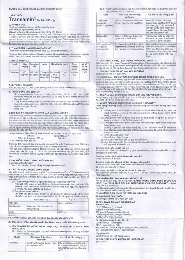 Thuốc Transamin Tab.500mg Daiichi điều trị bệnh bạch huyết, thiếu máu không tái tạo (10 vỉ x 10 viên)