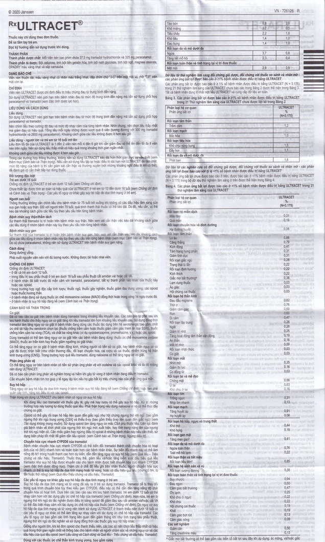 Thuốc Ultracet Janssen hỗ trợ điều trị cơn đau từ trung bình đến nặng (3 vỉ x 10 viên)