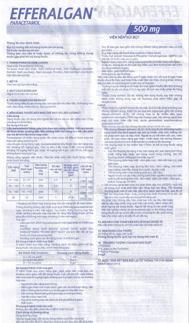 Viên sủi Efferalgan 500mg UPSA SAS giảm đau, hạ sốt (4 vỉ x 4 viên)