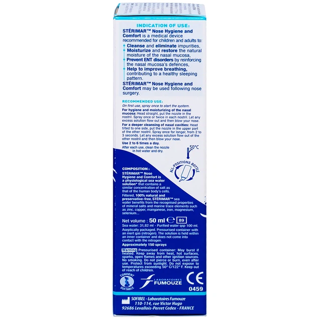 Dung dịch xịt mũi Stérimar Nose Hygiene And Comfor 50ml loại bỏ bụi bẩn niêm mạc mũi cho trẻ từ 3 tuổi - người lớn