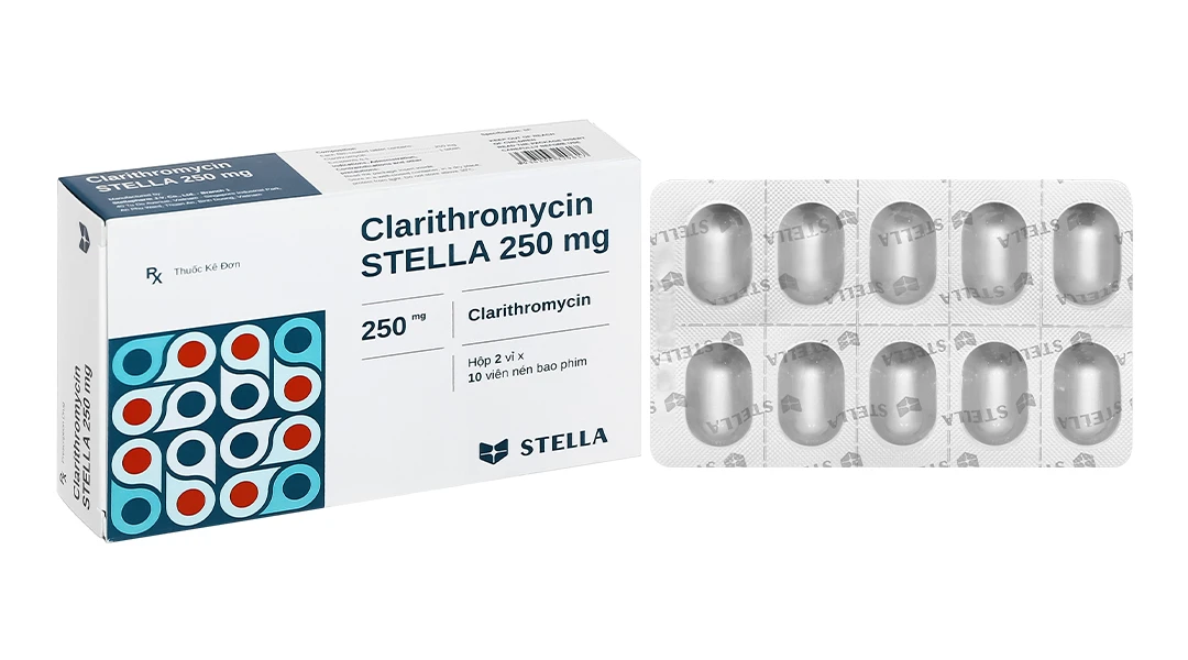 Viên nén Clarithromycin 250mg - Stella điều trị nhiễm khuẩn đường hô hấp (2 vỉ x 10 viên)