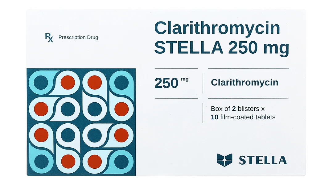 Viên nén Clarithromycin 250mg - Stella điều trị nhiễm khuẩn đường hô hấp (2 vỉ x 10 viên)