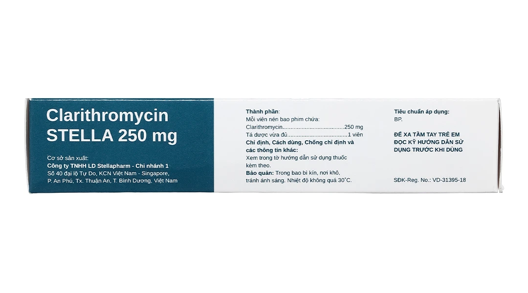 Viên nén Clarithromycin 250mg - Stella điều trị nhiễm khuẩn đường hô hấp (2 vỉ x 10 viên)