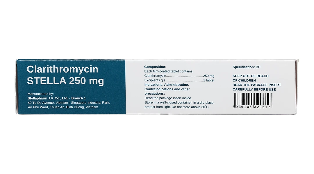 Viên nén Clarithromycin 250mg - Stella điều trị nhiễm khuẩn đường hô hấp (2 vỉ x 10 viên)