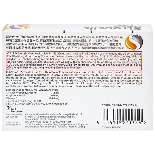 Viên ngậm Strepsils Orange with Vitamin C Lardkrabang-Bangplee (Hộp 24 viên)