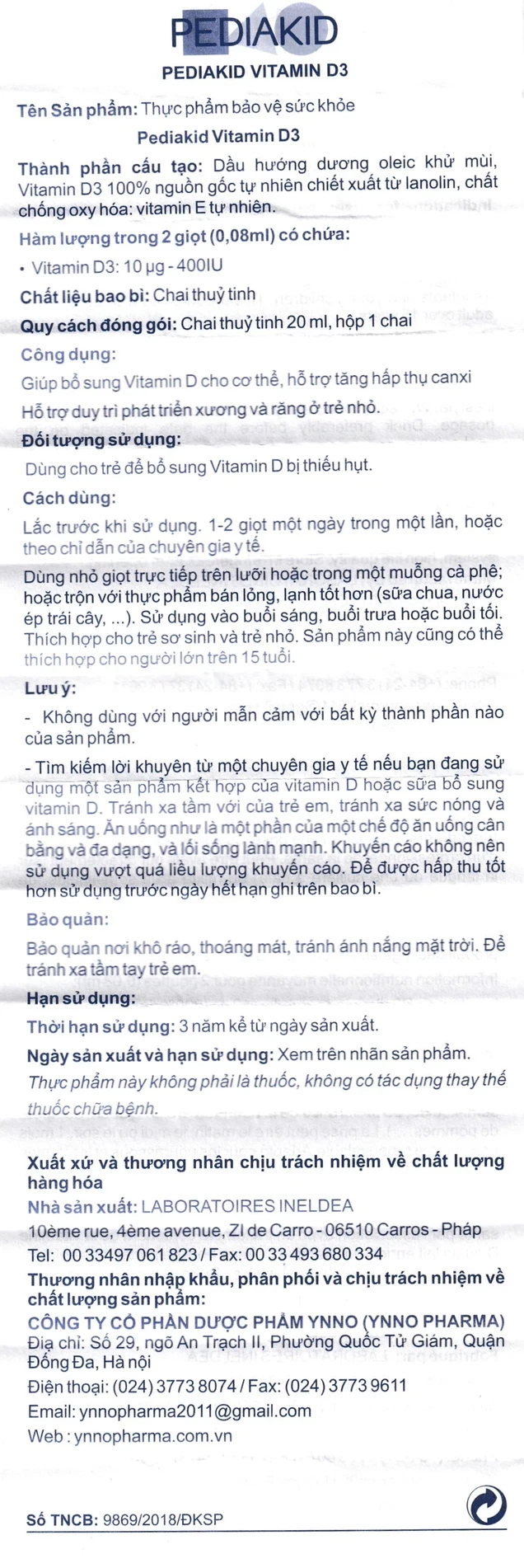 Siro Pediakid Vitamin D3 bổ sung Vitamin D cho cơ thể, tăng hấp thụ canxi (20ml)