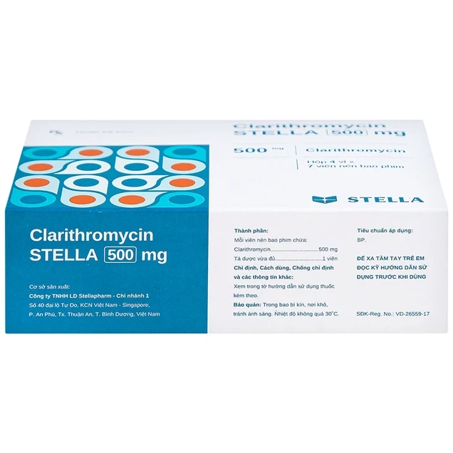 Thuốc Clarithromycin Stella 500mg điều trị nhiễm trùng (4 vỉ x 7 viên)