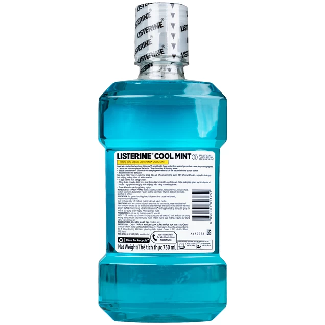 Nước súc miệng Listerine Cool Mint bảo vệ khoang miệng suốt 24h khỏi vi khuẩn hôi miệng, mảng bám, viêm nướu (chai 750ml)