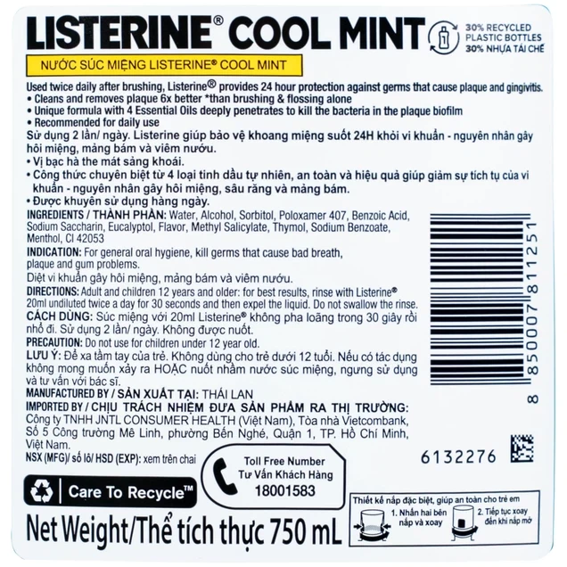 Nước súc miệng Listerine Cool Mint bảo vệ khoang miệng suốt 24h khỏi vi khuẩn hôi miệng, mảng bám, viêm nướu (chai 750ml)