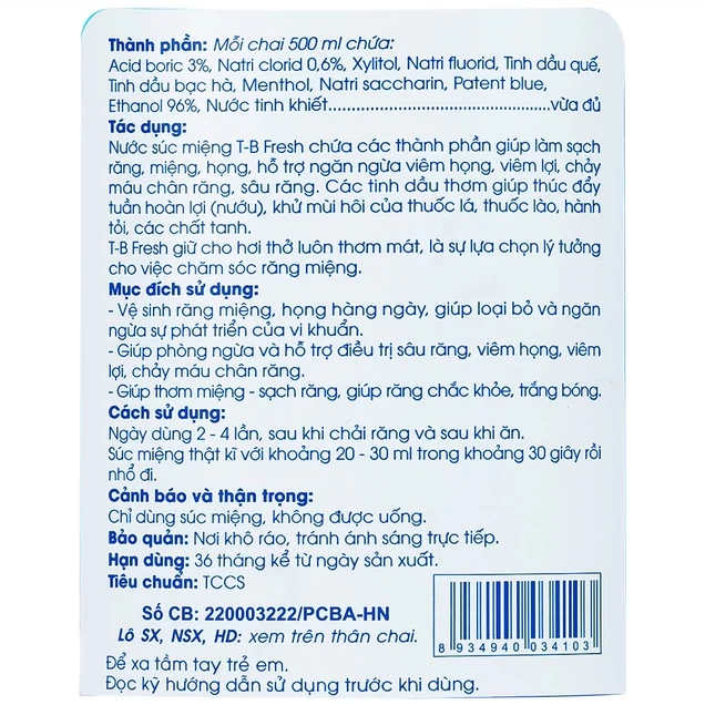 Nước súc miệng T-B Fresh 500ml Traphaco làm sạch răng, miệng, họng, hỗ trợ ngăn ngừa viêm họng, viêm lợi