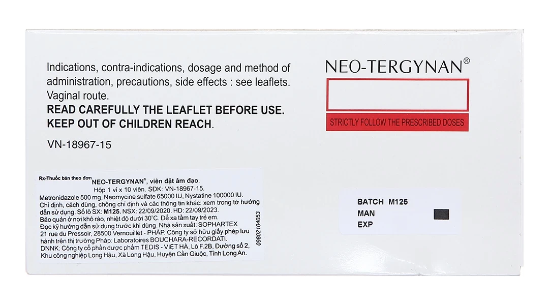 Viên đặt âm đạo Neo-Tergynan Bouchara điều trị viêm âm đạo (1 vỉ x 10 viên)