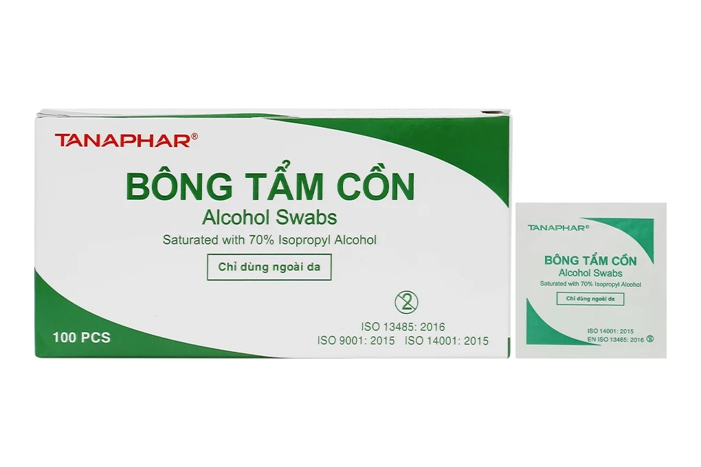 Bông tẩm cồn Alcohol Swabs Tanaphar làm sạch và khử trùng da trước khi tiêm (100 miếng)