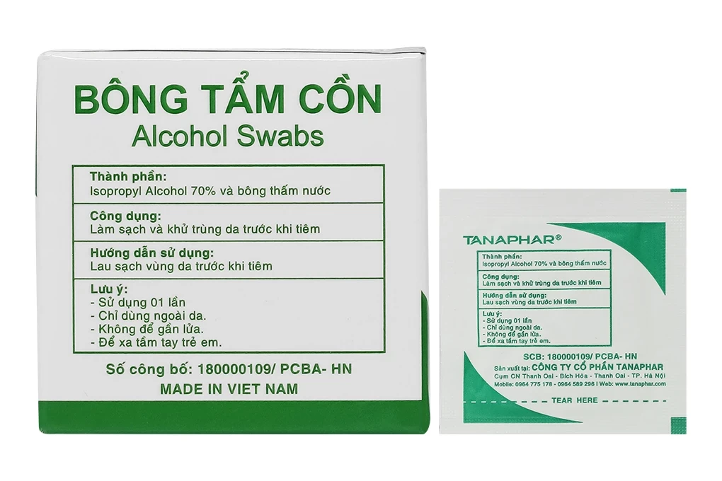 Bông tẩm cồn Alcohol Swabs Tanaphar làm sạch và khử trùng da trước khi tiêm (100 miếng)