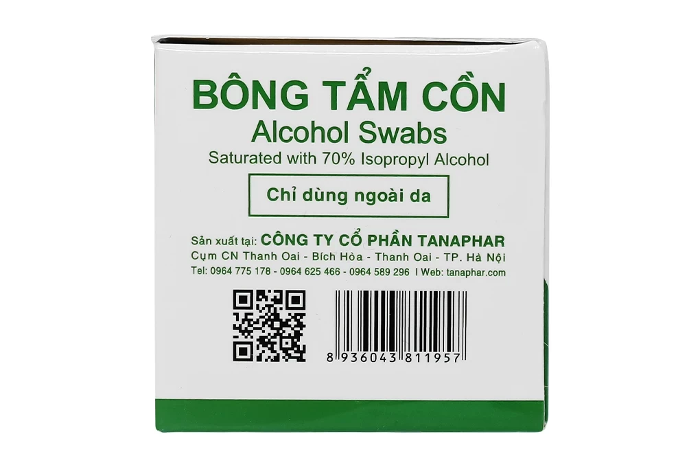 Bông tẩm cồn Alcohol Swabs Tanaphar làm sạch và khử trùng da trước khi tiêm (100 miếng)