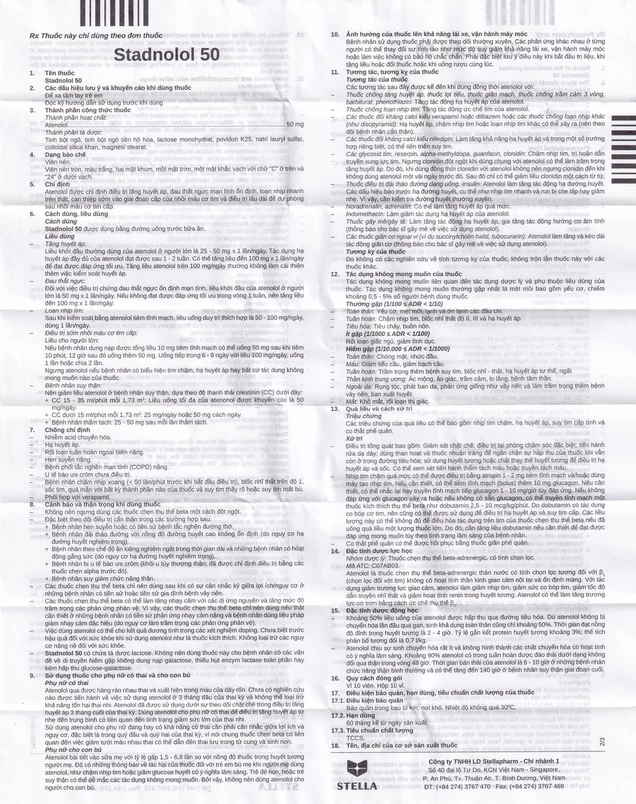 Thuốc Stadnolol 50 Stella điều trị tăng huyết áp, đau thắt ngực mạn tính ổn định (10 vỉ x 10 viên)