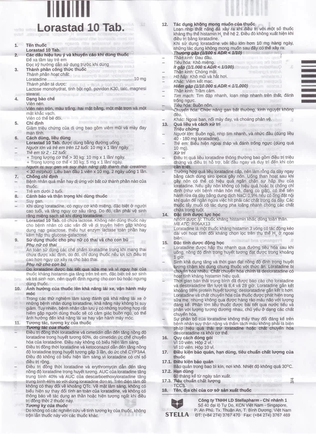 Viên nén Lorastad 10 Tab Stella giảm viêm mũi và mày đay mạn tính (2 vỉ x 10 viên)