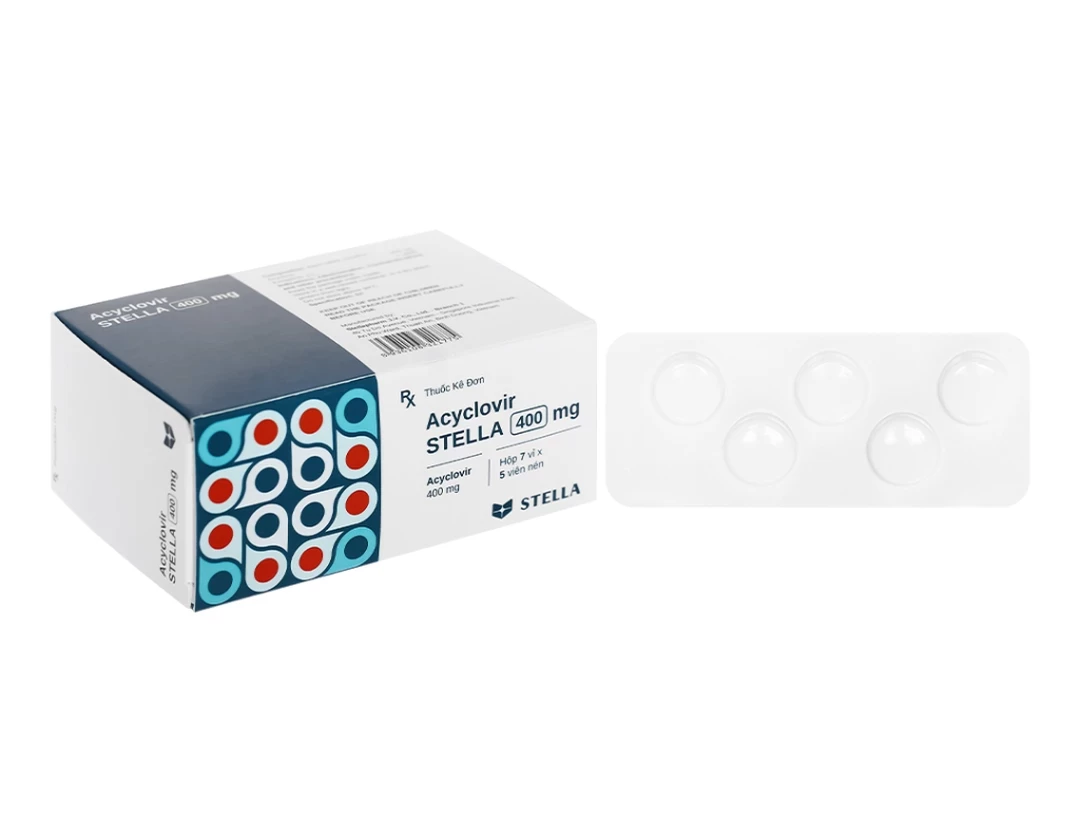 Thuốc Acyclovir STELLA 400mg điều trị và phòng ngừa tái phát nhiễm Herpes simplex, điều trị bệnh thủy đậu và zona (Hộp 7 vỉ x 5 viên)