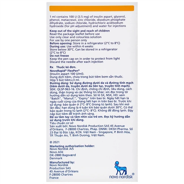 Bút tiêm Novorapid FlexPen 100U/ml Novo Nordisk kiểm soát đường huyết (5 cây x 3ml)