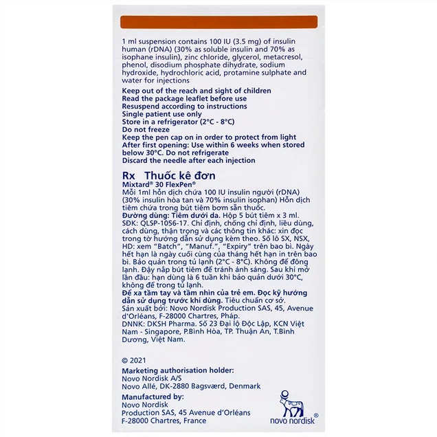 Bút tiêm Mixtard 30 Flexpen 100 IU/ml Novo Nordisk điều trị bệnh đái tháo đường (5 cây x 3ml)